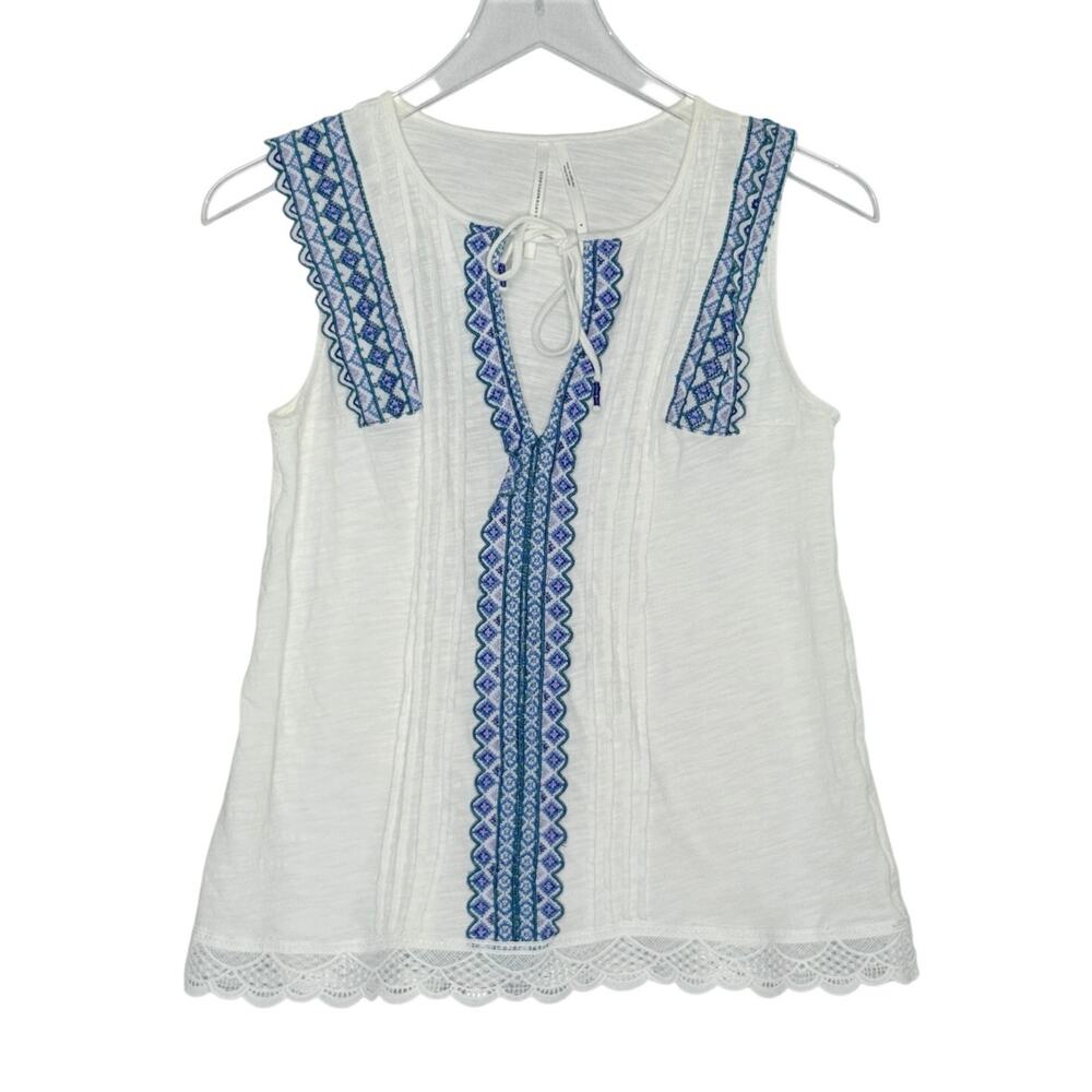Anthropologie Sigrid Embroidered Tank S Ivory Blue Sleeveless Boho